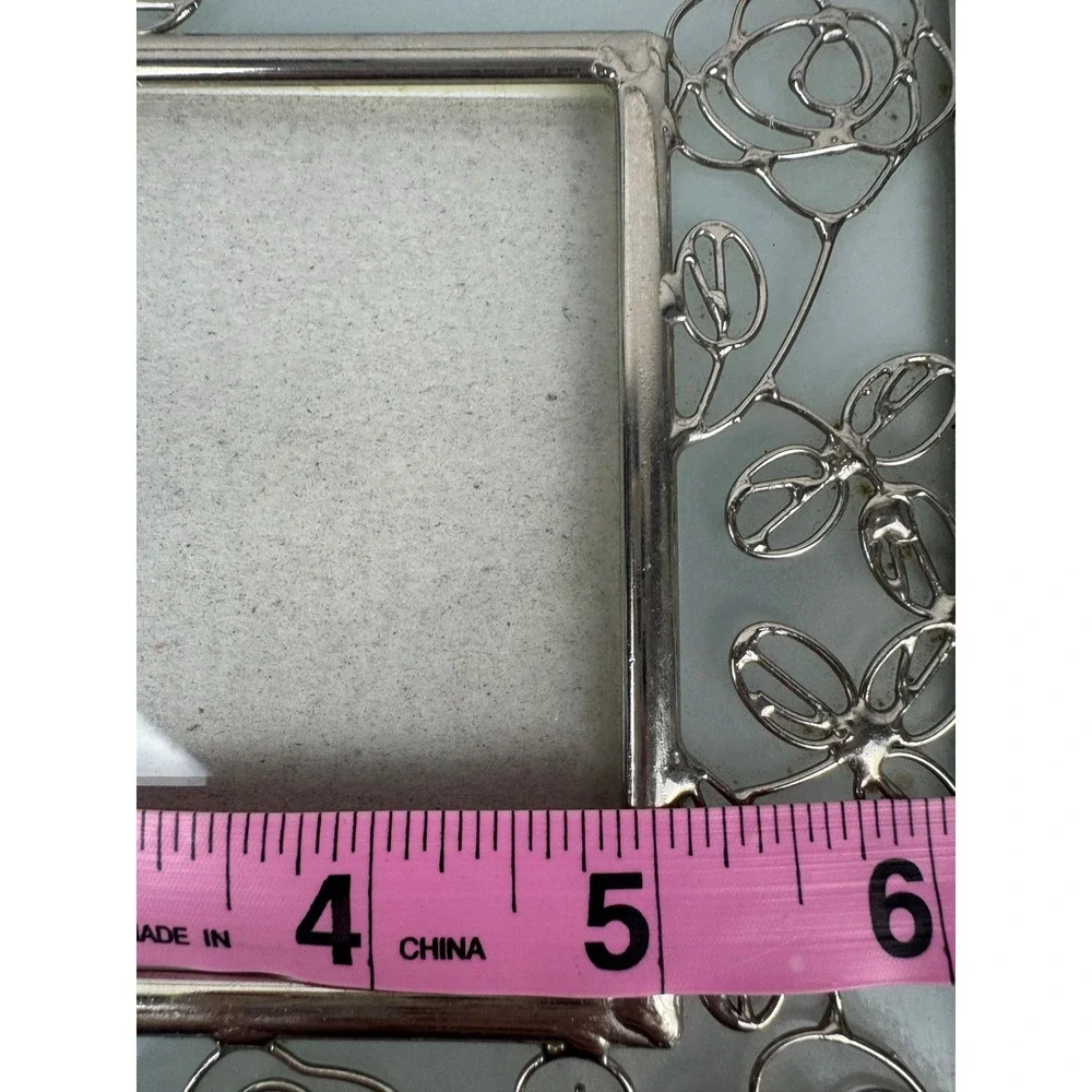 Vtg Frosted Glass Trinket Box Silver Rose Filigree Picture Frame Jewelry